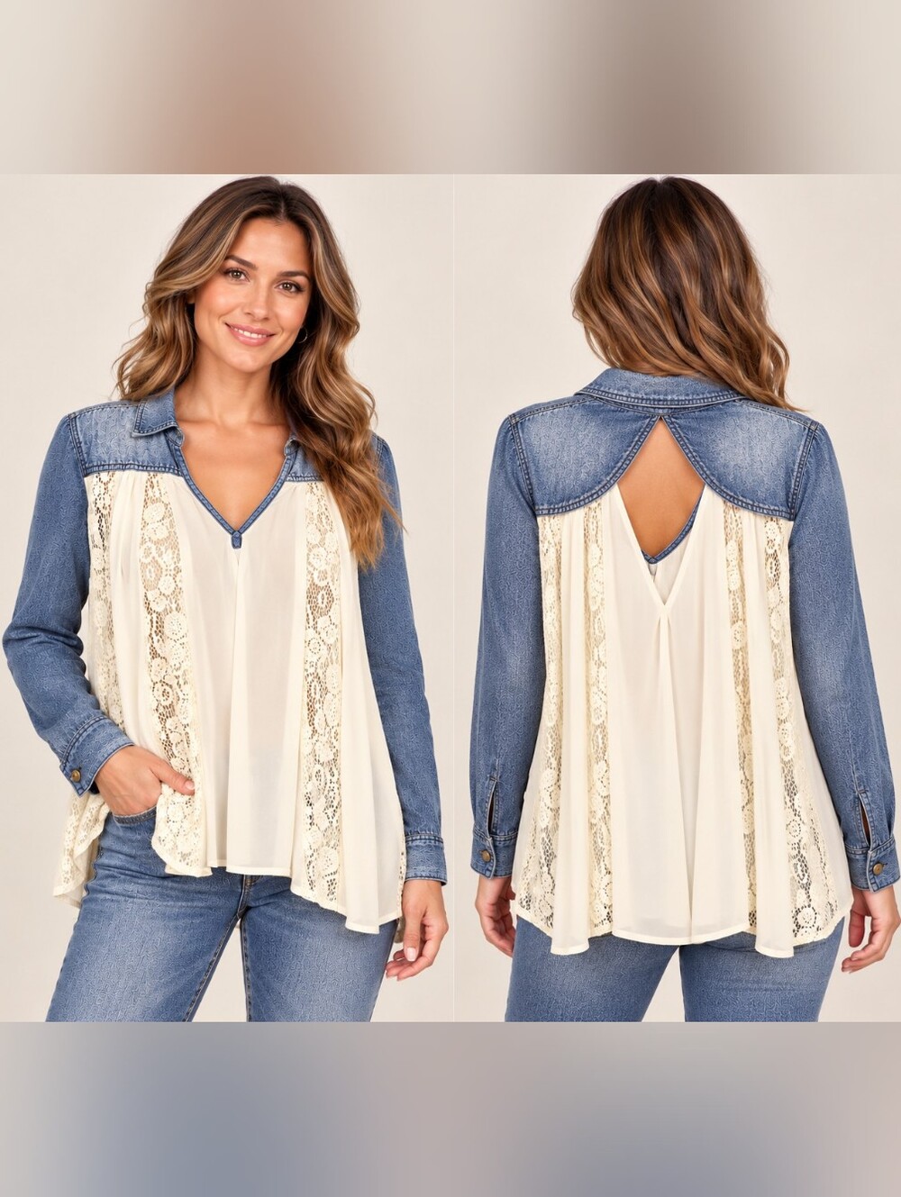 Free People Denim Lace Chiffon Boho Blouse Small Petite SP A331